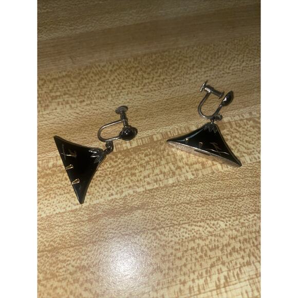 Vintage Chinese Inlay Screwback Earrings, Tie Clip Matching - Picture 2 of 7